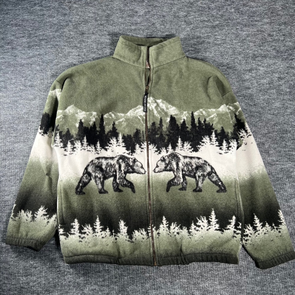 Vintage Polar Graphics Bear Fleece Jacket Mens XL Green Mountain Nature USA 90s